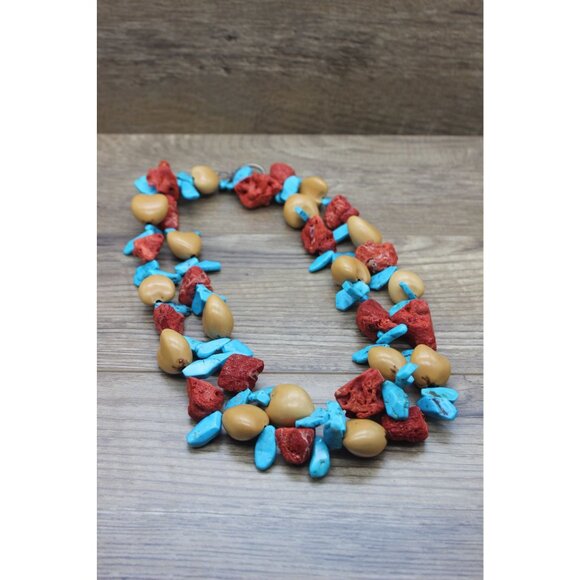 Chunky turquoise free form‎ coral kukui nut vintage indigenous necklace
